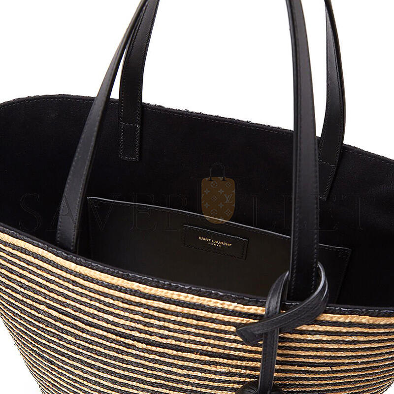 y*l Sa**t Lau*nt striped tote in raffia and leather 600308 (30*28*15cm)